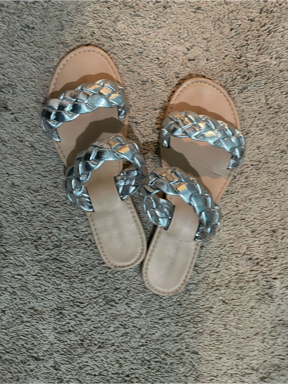 Women's Silver Braided Double-Strap Slide Sandals